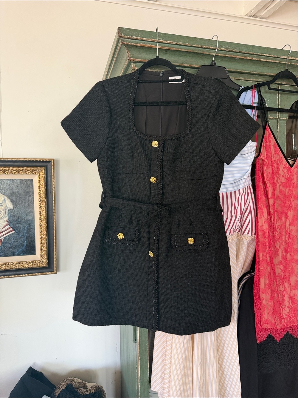 Self-portrait belted embellished woven mini dress